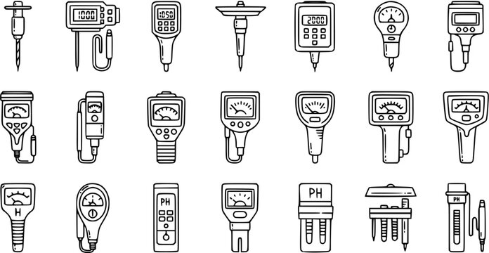 Black and White Line Art Icons of Soil Testers and pH Meters for Agriculture, Gardening, and Environmental Measurement Equipment