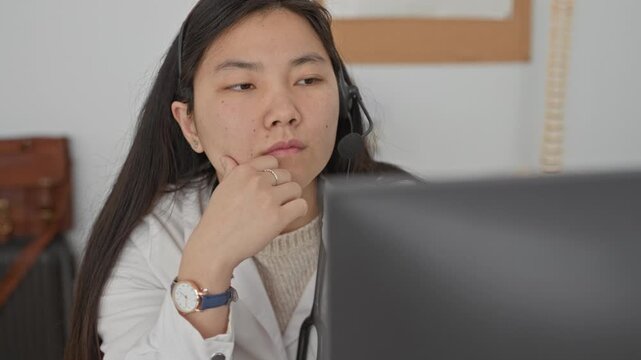 Woman doctor wearing headset and stethoscope with hand on chin at computer in building; thoughtful focus.