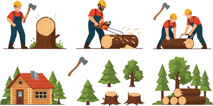 Lumberjack Workers and Forestry Industry Elements Set Featuring Woodcutters with Axes and Chainsaws Near Wooden Cabin and Forest Trees Vector Illustration