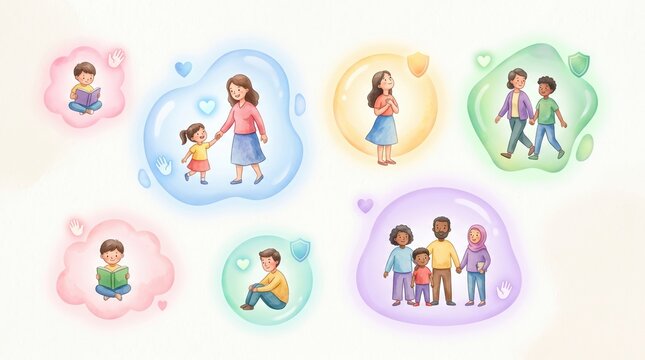 Various individuals and families supported and secure in colorful, abstract protection zones