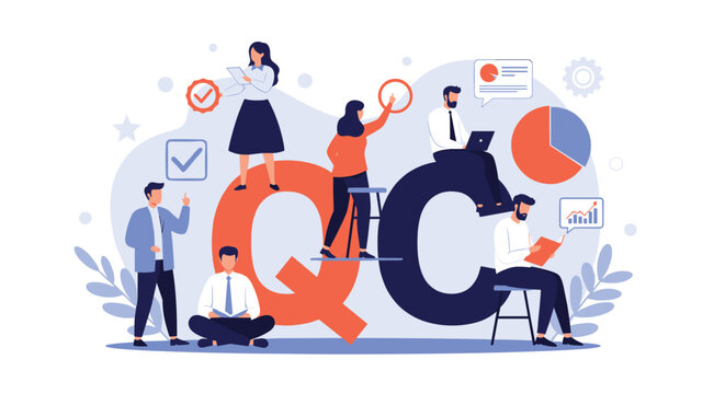 Group of business professionals working together around giant letters QC representing quality control and assurance process.