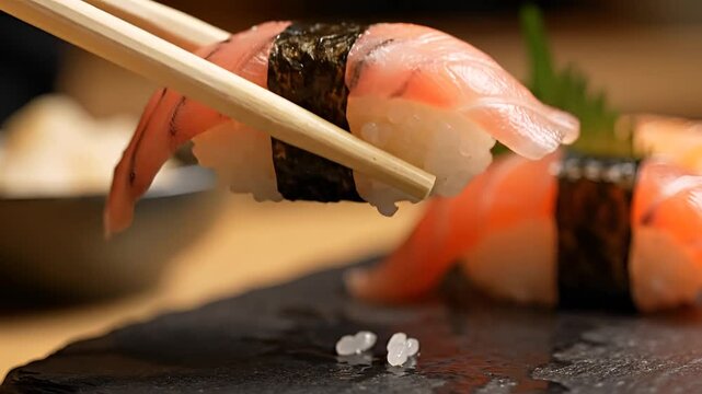 Closeup of delicious shrimp sushi being picked up with chopsticks.
