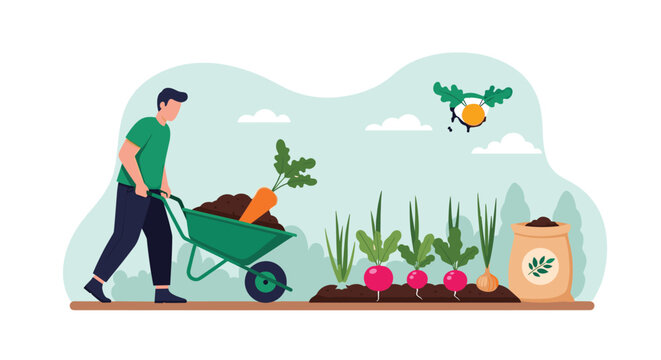 Hardworking male gardener pushes a wheelbarrow full of soil and a giant carrot past a field of radishes and onions on a farm.