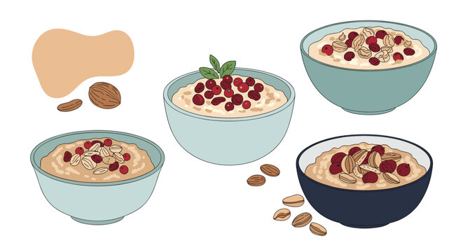 Different varieties of healthy oatmeal bowls are topped with assorted berries and nuts to provide a nutritious and tasty breakfast meal.