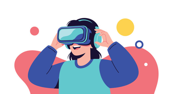 Excited young woman wearing virtual reality VR headset and headphones experiencing immersive digital game or video content.