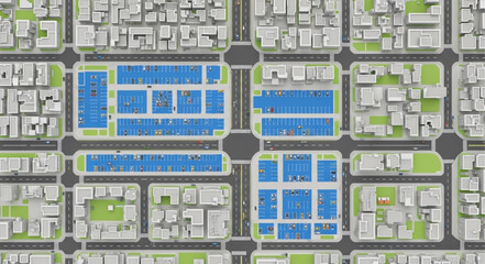 Aerial view of a modern city grid with blue highlighted blocks. © Fahmi