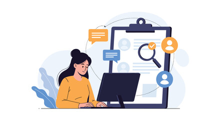Fototapeta premium Young woman working on a laptop computer with human resources and recruitment icons floating around a large clipboard background.