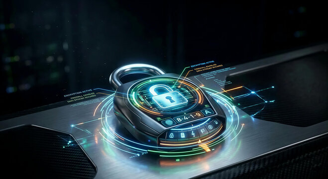 Cybersecurity padlock interface with digital encryption technology