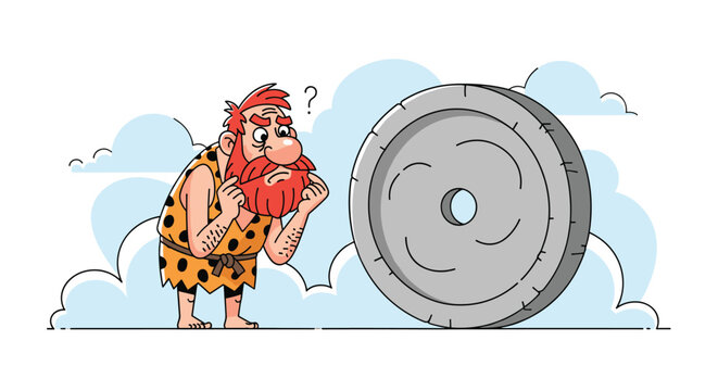 Humorous cartoon of a prehistoric caveman scratching his head while looking at a massive stone wheel invention.