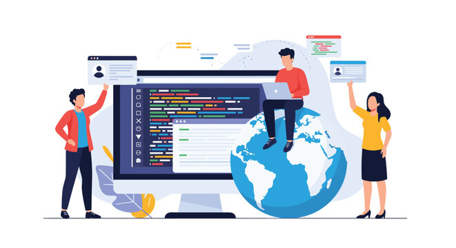 Team of web developers working together on a global computer project with coding software and digital icons.