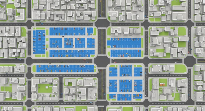 Aerial view of a modern city grid with blue highlighted blocks.
