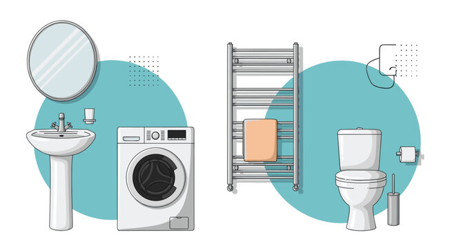Modern bathroom interior design elements including a white sink, washing machine, toilet, towel warmer, and circular mirror accessories.