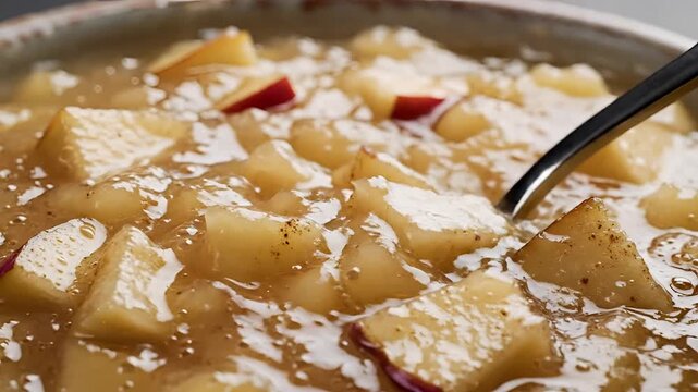 Closeup of Deliciously Cooked Apple Compote with Spoon.