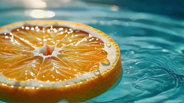 fresh orange slice splashing in blue water
