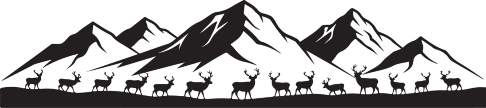 Black and white mountain range, deer silhouette, vector landscape, scenic illustration