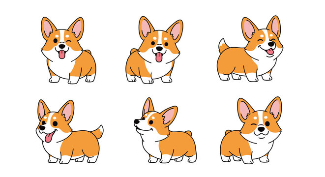 Collection of six adorable cartoon corgi dogs shown in various cute poses like winking, sticking out their tongue, and standing proudly in a row.
