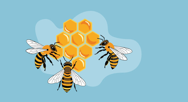 Illustration of three honey bees flying around a golden hexagonal honeycomb structure on a light blue background for nature concepts.