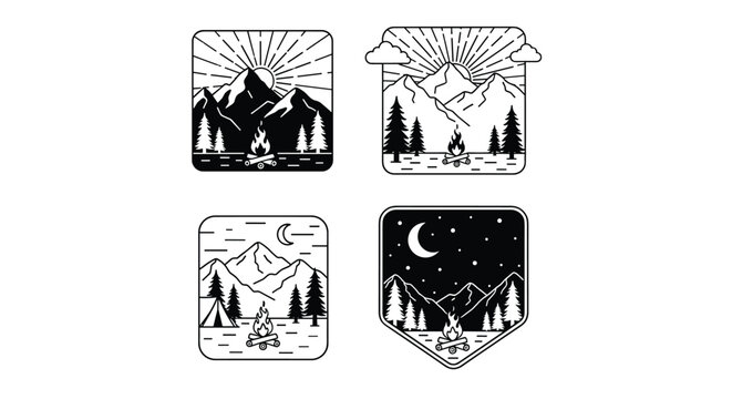 Collection of four outdoor camping badges featuring stylized mountains, pine trees, tents, and campfires in black and white styles.
