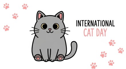 Obraz premium International cat day greeting card with cute cartoon grey cat and pink paw prints