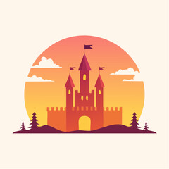 Obraz premium Fairytale Castle Silhouette Against a Vibrant Sunset with Pine Trees