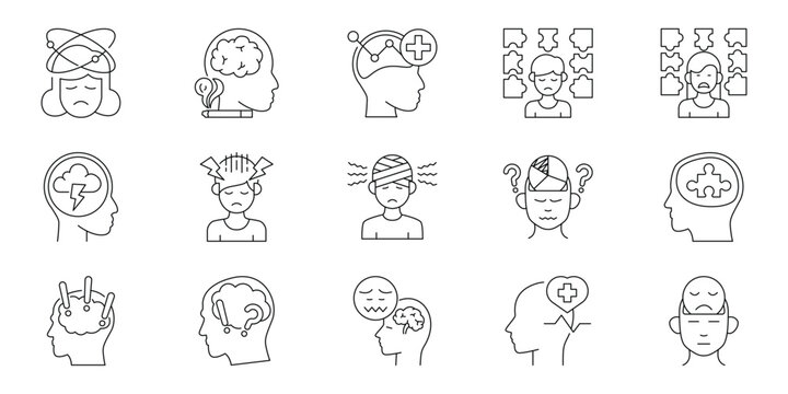 Extensive Line Icon Collection Illustrating Mental Health Conditions, Emotional Distress, Brain Function, Psychological Wellness, Stress, and Anxiety Issues