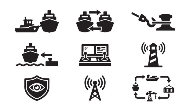 Marine logistics and maritime operations icon set with logistics, shipping