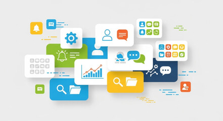 Fototapeta premium Digital interface icons and charts representing data analytics and communication.