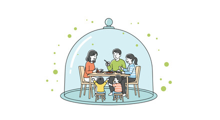 Fototapeta premium Family sitting together at a dinner table eating a meal while protected inside a large transparent glass dome shield.