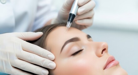 Naklejka premium Professional beautician performing microneedling facial treatment on a young womans forehead in a beauty salon