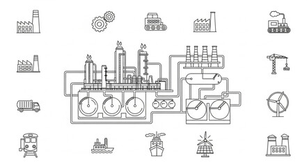 Naklejka premium Industrial factory schematic diagram with various icons.