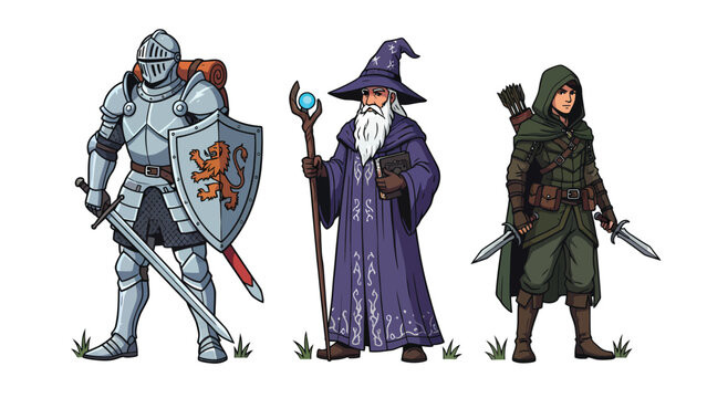 Fantasy Adventure Party: Knight, Wizard, and Ranger standing, RPG characters, medieval heroes illustration