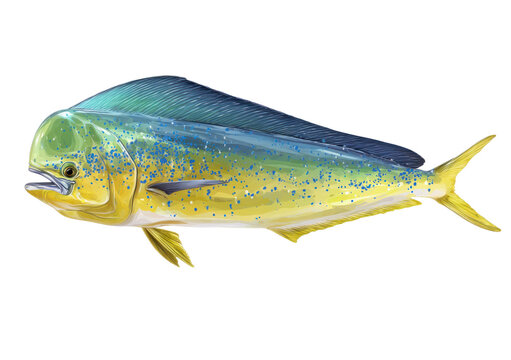 Vivid illustration of a colorful mahi mahi fish with yellow, blue, and green hues, showing detailed full-body view with realistic texture and vibrant coloration