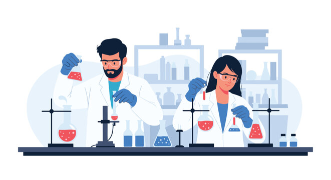 Two professional scientists wearing lab coats and safety goggles conduct chemical experiments in a modern laboratory.
