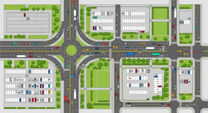 Aerial view of a modern city intersection with traffic and buildings.