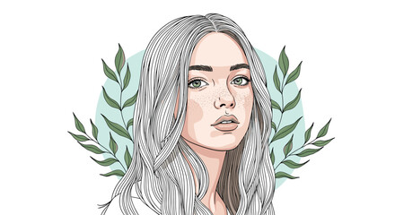 Naklejka premium Detailed portrait of a beautiful girl with freckles and long hair surrounded by green botanical leaves and a circle.