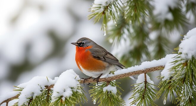 Vibrant european robin perched on snow covered branch in winter scenery