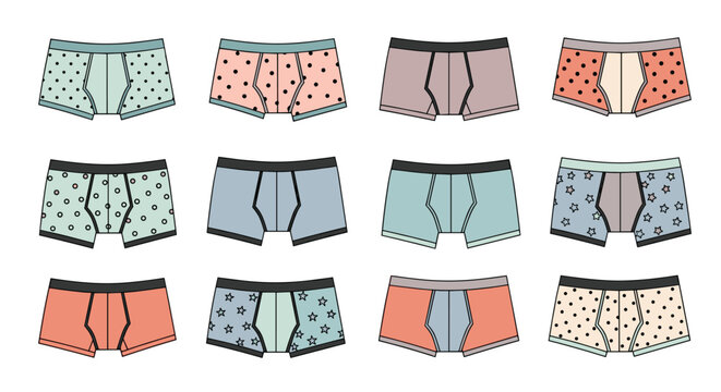 Diverse collection of twelve pairs of men's boxer underwear with various colors, patterns, polka dots, and star designs.