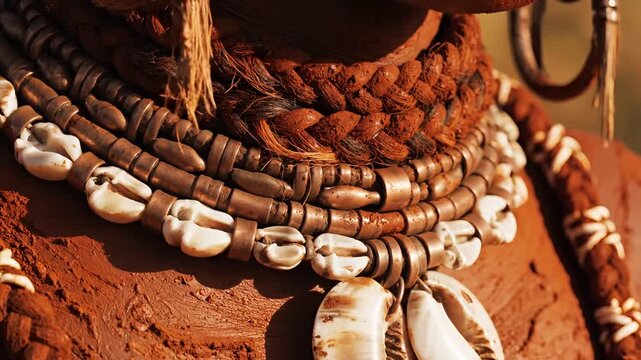 Closeup of Traditional African Tribal Necklace with Cowrie Shells and Braids.