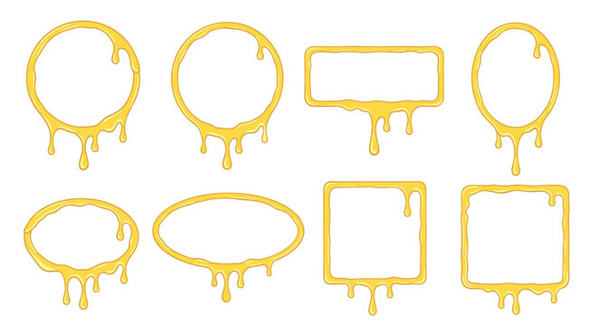 Set of golden liquid frames in various shapes like circles, squares, and ovals featuring sweet honey dripping from the edges.