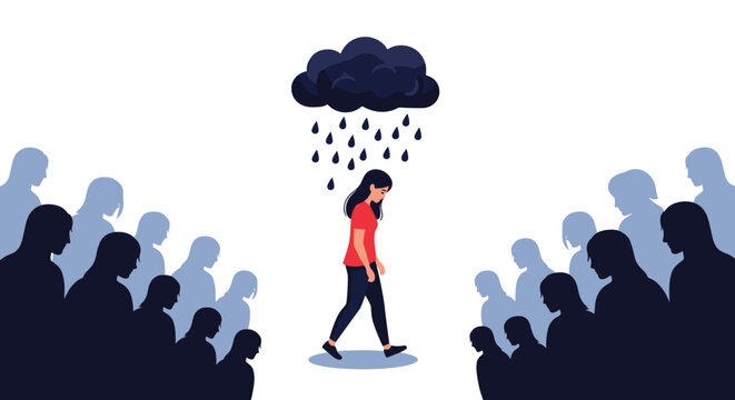 Depressed woman walking alone under a dark rain cloud while surrounded by silhouettes of indifferent people in a minimalist vector style.