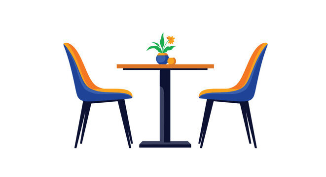 Minimalist cafe scene featuring a round wooden table with a small flower vase and two stylish blue and orange chairs for two people.