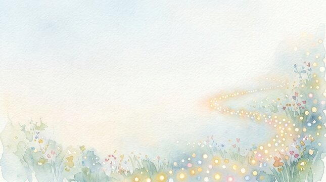 Luminous path of light dots drifts through a serene watercolor garden of delicate blooming flowers