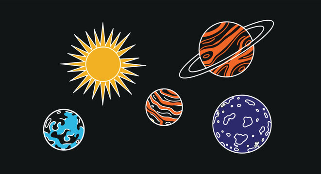 Stylized representation of the solar system featuring the sun and various textured planets against a dark cosmic space background image.