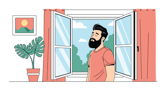 Bearded man standing by an open window and breathing in fresh morning air with a green houseplant on the side table.