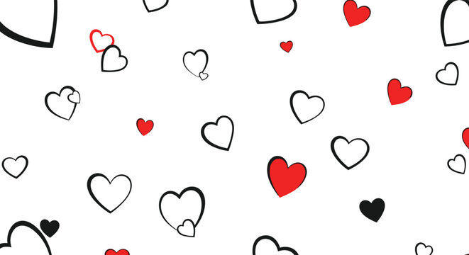 Romantic background pattern featuring hand-drawn heart outlines in various sizes and colors like black and red scattered on a white canvas.