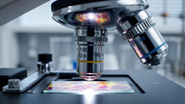 A microscope focused on a colorful sample slide in a laboratory setting with various scientific equipment