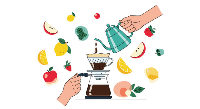 Artistic coffee brewing illustration with hand-poured water over a drip filter surrounded by floating fruit icons like apples and lemons.