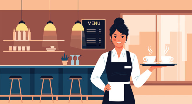 Smiling professional waitress standing in a modern cozy cafe holding a serving tray with two steaming cups of coffee for customers.