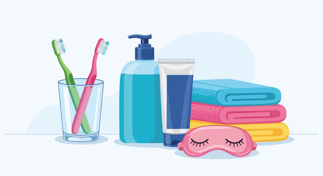 Collection of daily bathroom essentials featuring colorful towels, toothbrushes, hand soap, toothpaste, and a pink sleep mask for care.