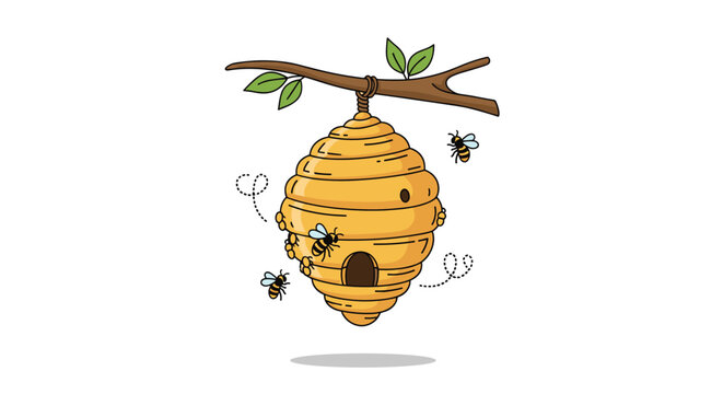 Traditional honey beehive hanging from a tree branch with several small bees flying around in a clean flat vector illustration style.